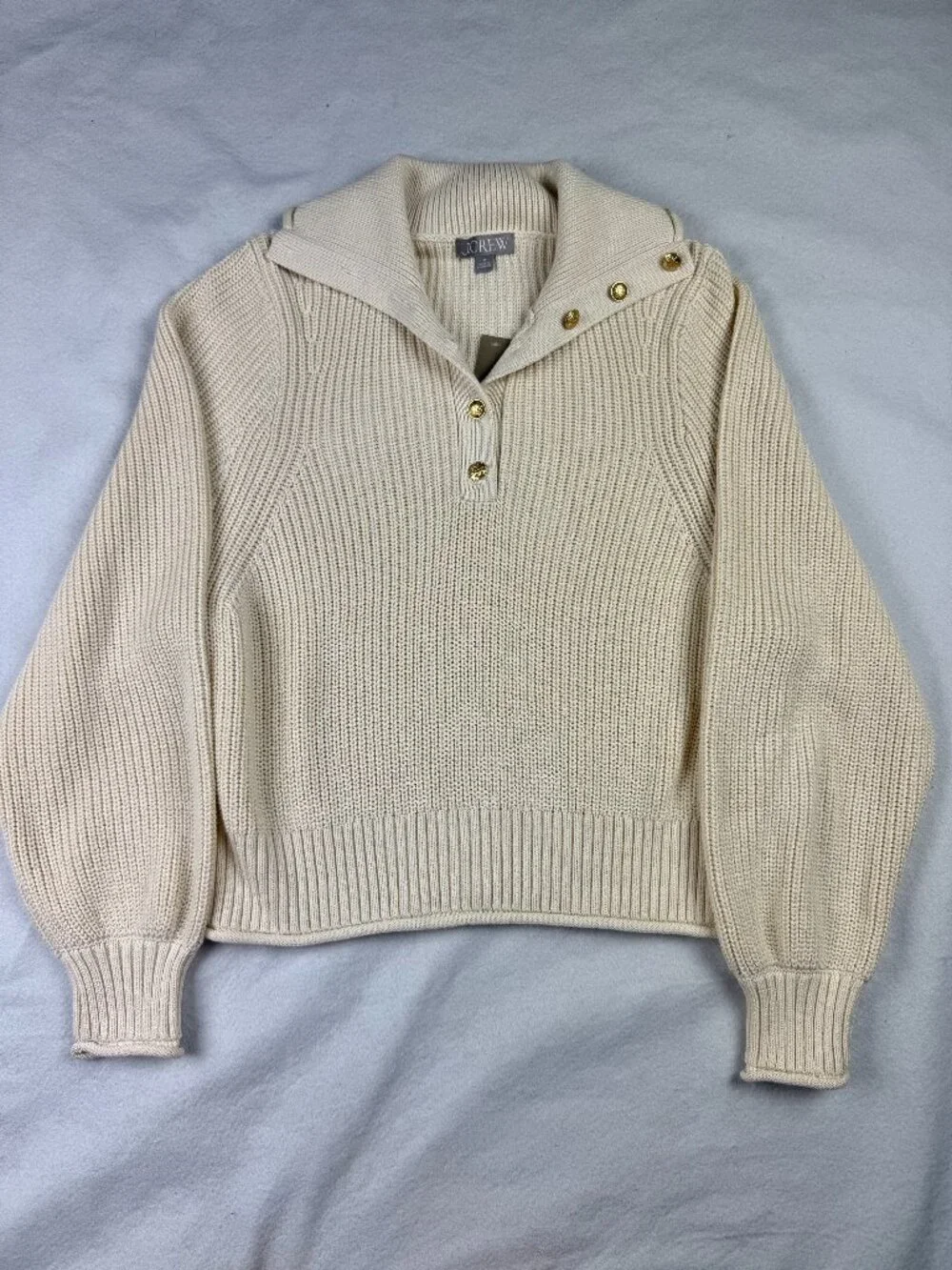 NEW J.Crew Cream Cotton Ribbed Gold Button Collar Sweater Size M